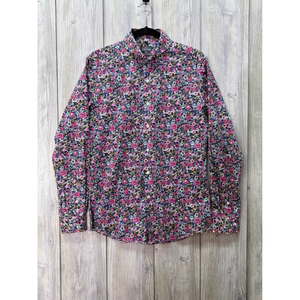 Grand Frank Mens Floral Button Down Shirt‎ Pink Blue Long Sleeve Size 39/40 M